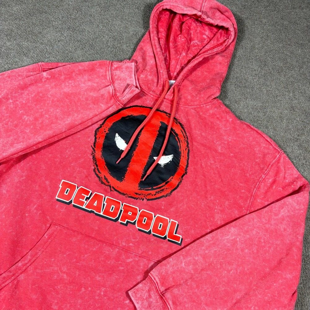 Marvel Deadpool Hoodie Mens Small Pink Graphic Print Fleece Lined Acid Wash
